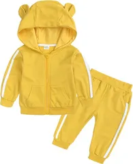 Kai La Nalu くま耳 フード付き キッズ ジャージ 上下セット キッズセットアップ 綿素材 ジュニア ライン入り パーカー スウェット パンツ 韓国 子ども服 かわいい 保育園 幼稚園 女の子 男の子 出産祝い (イエロー,  90)