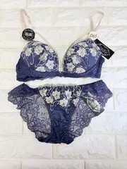 ♡新品 ラスト1点♡D75 ネイビー×オフホワイトラメ入り刺繍 脇高 谷間メイク ブラ＆ショーツ　【倉庫B】