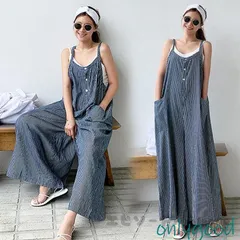 サロペット オーバーオール パンツ レディースロング丈 ワイドパンツ 春夏新作 ロングズボン ボーダー柄 大きいサイズ 30代40代オシャレ ボ