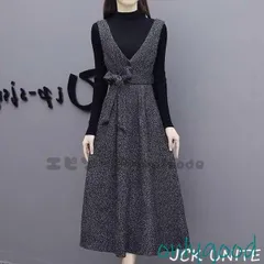 セットアップ レディース 秋 冬 ジャンパースカート Vネック ロング ベルト付き きれいめ リボン ワンピース 2点セット 黒 着痩せ 通勤 OL 