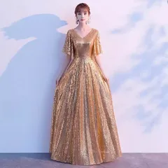 ウエディングドレス 二次会 前撮り 大きいサイズ 結婚式/二次会ドレス 海外挙式 ウェディングドレス ライトドレス 花嫁ドレス ロングドレス 後撮り 結婚式 スレンダードレス 半袖 ワンピース 宴会 司会者　キラキラ スパンコール ゴールド