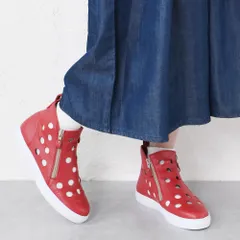 [レッド]スニーカー レディース ハイカット ローヒール ぺたんこ  痛くない 柔らかい 長時間 疲れない 歩きやすい 走れる おしゃれ カジュアル 靴 日本製 本革 仕事用 通勤 立ち仕事 パンチング サイドジップ k11-9185048