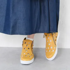 [イエロー]スニーカー レディース ハイカット ローヒール ぺたんこ  痛くない 柔らかい 長時間 疲れない 歩きやすい 走れる おしゃれ カジュアル 靴 日本製 本革 仕事用 通勤 立ち仕事 パンチング サイドジップ k11-9185048