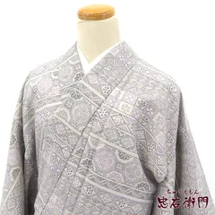 小紋 小紋着物 洗える着物 袷 レディース ポリエステル オフホワイト 蜀江文様 市松 七宝 伝統文様 身丈167cm 裄丈65cm カジュアル 街着 M～Lサイズ相当