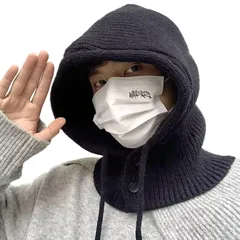 【新品】 [Eukkis] バラクラバ リボン付きニットフード ネックウォーマー ボタンマフラー リブ スヌード ハット帽子 レディース メンズ 可愛い 自転車通勤通学 お出かけ 秋冬防寒保温 ブラック 0