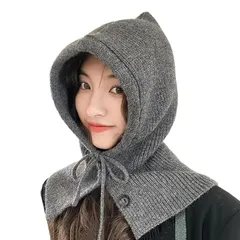【新品】 [Eukkis] ニットフード バラクラバ ネックウォーマー スヌード マフラー リボン ボタン付き キャップ リブ ハット帽子 レディース 可愛い 自転車通勤通学 お出かけ 秋冬防寒保温 グレー 0