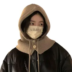 【新品】 [Eukkis] ニットバラクラバ フード ネックウォーマー リボン ボタン付き スヌード マフラー キャップ ハット帽子 レディース 可愛い 自転車通勤通学 お出かけ 秋冬防寒保温 ライトブラウン 0