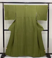 【未使用・ガード加工】鈴乃屋誂え 色無地＊縮緬＊一つ紋（四つ目菱）／青緑 未使用・ガード加工】鈴乃屋誂え 色無地＊縮緬＊一つ紋（四つ目菱