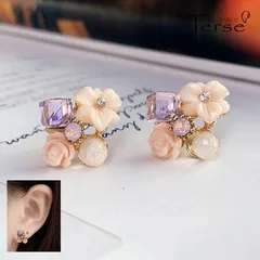 フラワー ピアス アクリル ビジュー カラーストーン パープル ピンク パステルカラー 後ろ姿 背面 レディース アクセサリー 春 新生活  お出かけ デート パーティー プレゼント ギフト 送料無料 即購入OK