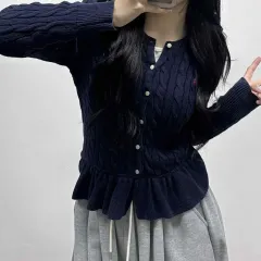 ポロ ラルフローレン ネイビー ケーブル ガールズ フリル ニット カーディガン (XL)