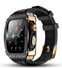 ★GLuYuan 高級メタルケース Apple Watch 9 8 7 45mm 6 SE 44mmバンド カバー付き 高耐久 頑丈なケース シリコンストラップ 男性用 iWatch 6 5 4 SE 44mmフル保護カバー (ブラック - ローズゴールド)