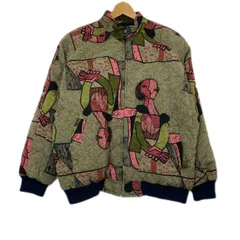 キルティングジャケット　ブルゾン　アウター　ハイネック　フルジップ　総柄　アート　絵画　プリント　肩パット　韓国製　古着