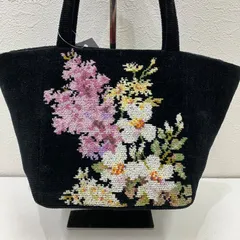 7660　FEILER　フェイラー　ルシヨン　シュニール織り　タオル地　ハンドバッグ　ミニバッグ　小さめ　黒　ブラック　花　フラワー　白　ピンク