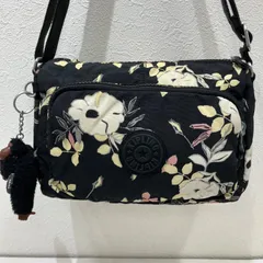 7681　Kipling　キプリング　ショルダーバッグ　肩がけ　斜めがけ　花柄　フラワー　黒　ブラック　白　小さめ　ミニバッグ　ナイロン　モンキー　ゴリラ　チャーム