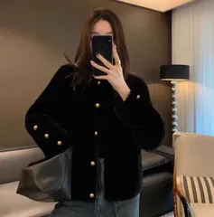 ラムスキン メリノウール ムートンコート レディース リアルファー 毛皮 コート ジャケット ブラック 黒 ショート丈 レザー 金ボタン