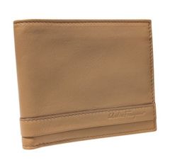 Unused Salvatore Ferragamo bifold wallet with beige and brown logo.
