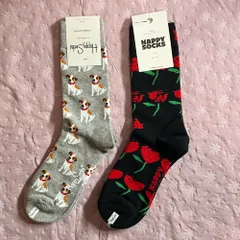 セール！【21】Happy socks  2足ギフトセット  23〜25.5cm  赤い花　黒・犬　グレー　レディース　ハッピーソックス