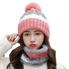 【新品】 [fyetemon] ニット帽 ネックウォーマー 2点セット 冬 可愛い 帽子 防寒 ニット 暖かい 厚手 裏起毛 レディース 6色 (ピンク) 0