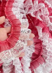 Miracroute 幅5cm 長さ4.5m オーガンジー プリーツ フリル 生地 かわいい リボン 黒 白 紫 レース シースルー 装飾 ロリータ 衣装 (レッド)