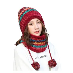 【新品】 [MANATAS] ニット帽 レディース ポンポン ネックウォーマー 防寒 裏ボア ビーニー イヤーフラップ セットアップ スヌード (ローズレッド) 1