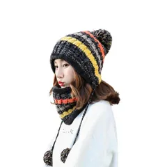 【新品】 [MANATAS] ニット帽 レディース ポンポン ネックウォーマー 防寒 裏ボア ビーニー イヤーフラップ セットアップ スヌード (ブラック) 0