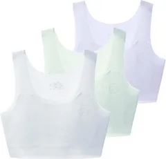 FARFADET ガールズ ブラ ブラジャー ハーフトップ シームレス ジュニア 胸二重 中学生 小学生 下着 接触冷感 3枚セット ファーストブラ カップなし 前二重布 インナー 3枚組 部活 デイリー スクール (白グリーンラベンダー,  L)