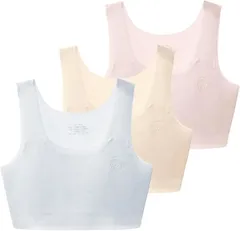 FARFADET ガールズ ブラ ブラジャー ハーフトップ シームレス ジュニア 胸二重 中学生 小学生 下着 接触冷感 3枚セット ファーストブラ カップなし 前二重布 インナー 3枚組 部活 デイリー ティーンズ (白ピンクベージュ,  M)