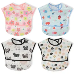 【特価商品】[スリーマッシュルーム] お食事用エプロン ベビー 離乳食 エプロン 3D 立体 保育園エプロン - 防水よだれかけ 赤ちゃん 4枚セット 速乾 洗濯機で洗える 名前を書ける 【保育士推奨】 保育園用 男の子 女の子