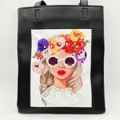 トートバッグ　開閉口ファスナー付　女の子　黒色　ブラック