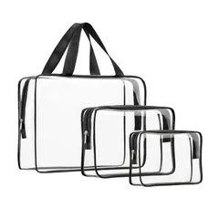 【在庫処分】PVC化粧ポーチ ビニールポーチ 3点セット 大容量 透明 防水 多機能 化粧品収納 小物入れ 旅行 出張 (ブラック)