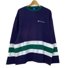 Champion　ロンT　長袖　カットソー　トップス　クルーネック　ボーダー　ワンポイント　ブランドロゴ　刺しゅう　USA製　アメカジ　古着