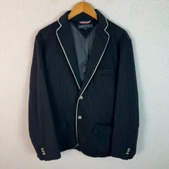 TOMMY HILFIGER トミーヒルフィガー テーラードジャケット ストライプ柄 ホワイトパイピング ブラック Lサイズ メンズ 古着 クラシック シティーボーイ　アメカジ