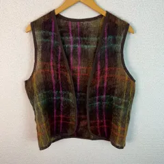 ベスト ジレ 総柄 チェック柄 マルチカラー Fサイズ レディース 古着 レトロ クラシック　ライナー　ニット