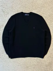 L 正規品) POLO RALPH LAUREN ポロラルフローレン 新モデル PURPLE パープル ポニー Vネック ウール ニット ブラック