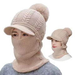 【新品】 [ZHEJIA] 2025新登場！360度の防寒保温?零下極度暖かさ?ふわふわ着心地 ニット帽子 レディース ネックウォーマー 暖かい裏起毛 ビーニー ニットキャップ ポンポン 帽子 厚手 裏起毛 ボア 防寒防風 スノーボード スキー 防寒具 自 0