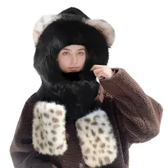 【新品】 [Moonlove] レディース 防寒帽子 ニット帽子 マフラー 手袋 一体型 可愛い ヒョウ柄 猫耳 フェイクファー 防寒ハット 裏起毛 ふわふわ 厚手 小顔効果 ニットキャップ スカーフ 暖かい 女の子 通勤 通学 スキー 誕生日 クリスマス 0