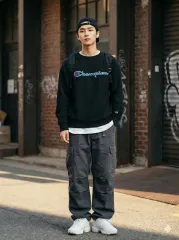 チャンピオン 裏起毛 ブラック ロゴ スウェット Tシャツ_M