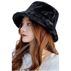 【新品】 [ネコート] レディース 帽子 バケットハット バケハ 秋冬 防寒 防風 暖かい 折りたたみ ハット ふわふわ おしゃれ ファー ブラック 1