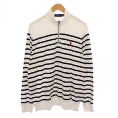 ポロ ラルフローレン POLO RALPH LAUREN Tシャツ 長袖 ハイネック ハーフジップ ボーダー柄 ロゴ 刺繍 バイカラー パイル地 L 白 ホワイト 紺 ネイビー /BB