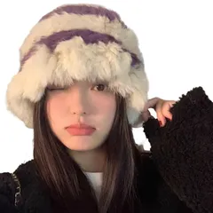 【新品】 [YMSTco] ファー 帽子 レディース ラビットファー もこもこ ふわふわ 可愛い プラッシュ バケットハット 暖か 秋冬 厚手 ニットキャップ (パープル) 0