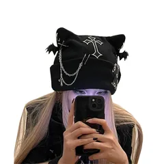 【新品】 [ＪＱＢＦＬ] クロス 十字架 ゴスロリ ニット帽 ベルト飾り ゴシック デビル 猫耳 パンク帽子 ビーニー帽子 チェーン ニットキャップ グランジ 原宿系 ストリート サブカル 病みかわY2K(Mブラック) 0