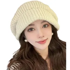 【新品】 [one's one] ワンズワン ニット帽 レディース 秋冬 厚手 ゆったり 深め ふわふわ 可愛い 韓国風 リブ編み カジュアル 防寒 4色展開 (アイボリー) 0