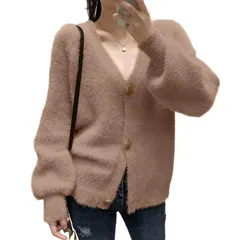 【新品】 [WoauNuiHll] ニット カーディガン レディース 長袖 vネック セーター 無地 パフスリーブ 伸縮性 トップス 上品 ゆったり 大きいサイズ 可愛い オフィス 普段着 通勤 春 秋 冬 1