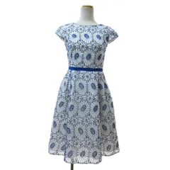 トッカ TOCCA 美品 カットワークレース オーガンジー 花柄 ワンピース 膝丈 半袖 刺繍 エンブロイダリー 00 白 青 1124 IBO84