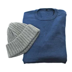 無印良品 良品計画 美品 ウールシルク 洗えるニット カットソー 長袖 + ニット帽 2点まとめ S 55-59cm 青 グレー 1127