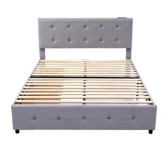 D ファブリックベッド ベッドフレームのみ ダブル 引き出し付き 布貼りベッド 木製 アイアン 大人用 組立簡単 下収納 すのこベッド 耐震 ベッド 北欧風 おしゃれ マットレスは別売り Dダブル ライトグレー