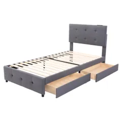 S ファブリックベッド ベッドフレームのみ 引き出し付き シングルベッド 布貼りベッド 木製 アイアン 大人用 組立簡単 下収納 すのこベッド 北欧風 おしゃれ マットレスは別売り Sシングル ダークグレー