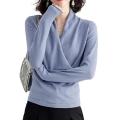 【新品】 [スリーピング シープ] カシュクール ニット セーター 長袖 Vネック レディース チュニック丈 トップス 無地 シンプル オフィス カジュアル ゆったり 大きいサイズ コットンセーター コットンニット 薄手 S ブルーグレー (KSYU-BG 0