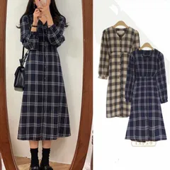 チェック柄シャツワンピース ワンピース チェック柄ワンピース チェック シャツワンピース ブロックチェック シャツワンピ ブロックチェック Vネック 秋冬 新作 kaiselin01