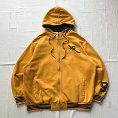 ～00s　archive　ROCA WEAR　ロカウェア　フルジップアップ　パーカー　スウェット生地　マスタードイエロー×ブラウン　ロゴ刺繍　デカロゴワッペン　リブライン　2XL　Y2K　B系　ストリート　big logo patch zip-up parka